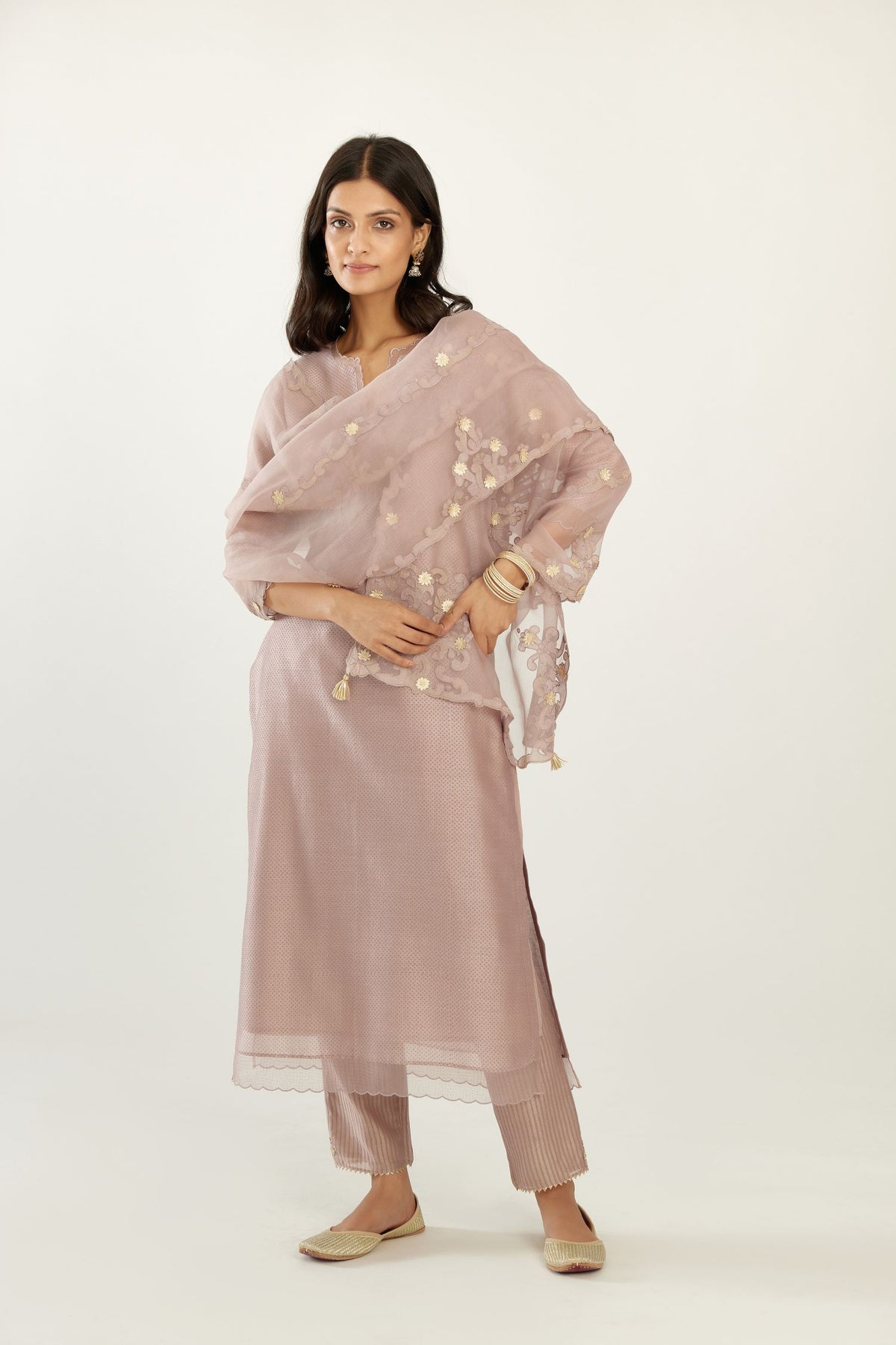 Lilac silk chanderi hand block printed straight kurta set, highlighted with scalloped organza at edges.
