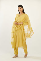 Yellow silk chanderi hand block printed straight kurta set, highlighted with organza and gota embroidered flower at edges.