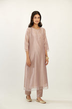 Lilac silk chanderi hand block printed straight kurta set with concealed button placket neckline, highlighted with scalloped organza at edges.