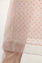 Lilac silk chanderi hand block printed straight kurta set with concealed button placket neckline, highlighted with scalloped organza at edges.