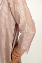 Lilac silk chanderi hand block printed straight kurta set with concealed button placket neckline, highlighted with scalloped organza at edges.