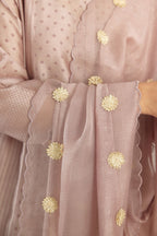 Lilac silk chanderi hand block printed straight kurta set with concealed button placket neckline, highlighted with scalloped organza at edges.