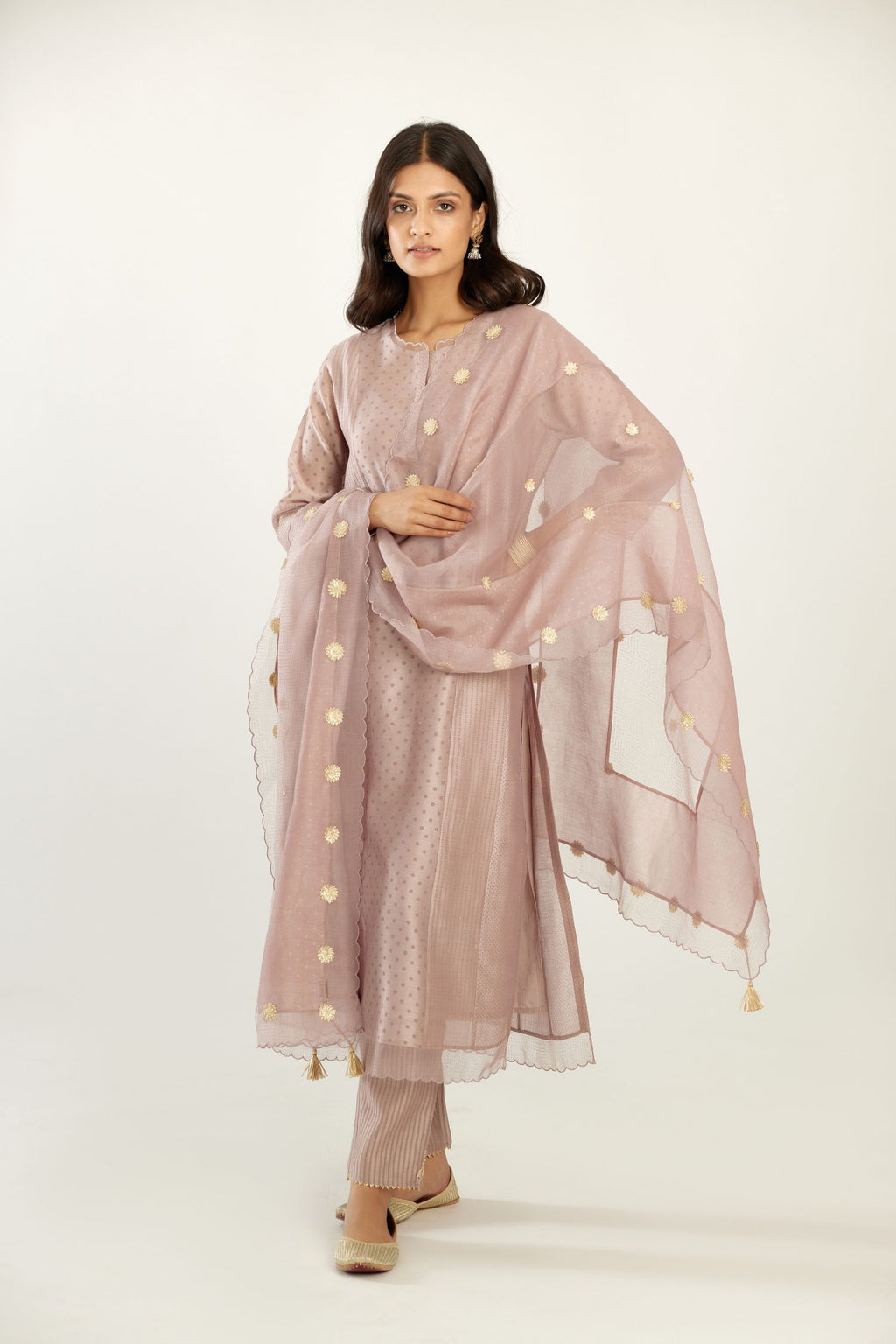 Lilac silk chanderi hand block printed straight kurta set with concealed button placket neckline, highlighted with scalloped organza at edges.