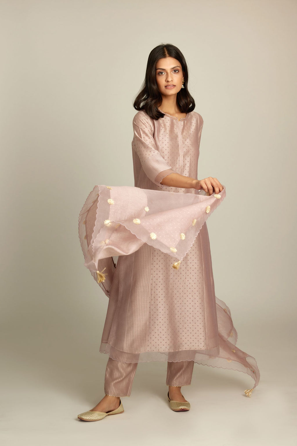 Lilac silk chanderi hand block printed straight kurta set with concealed button placket neckline, highlighted with scalloped organza at edges.