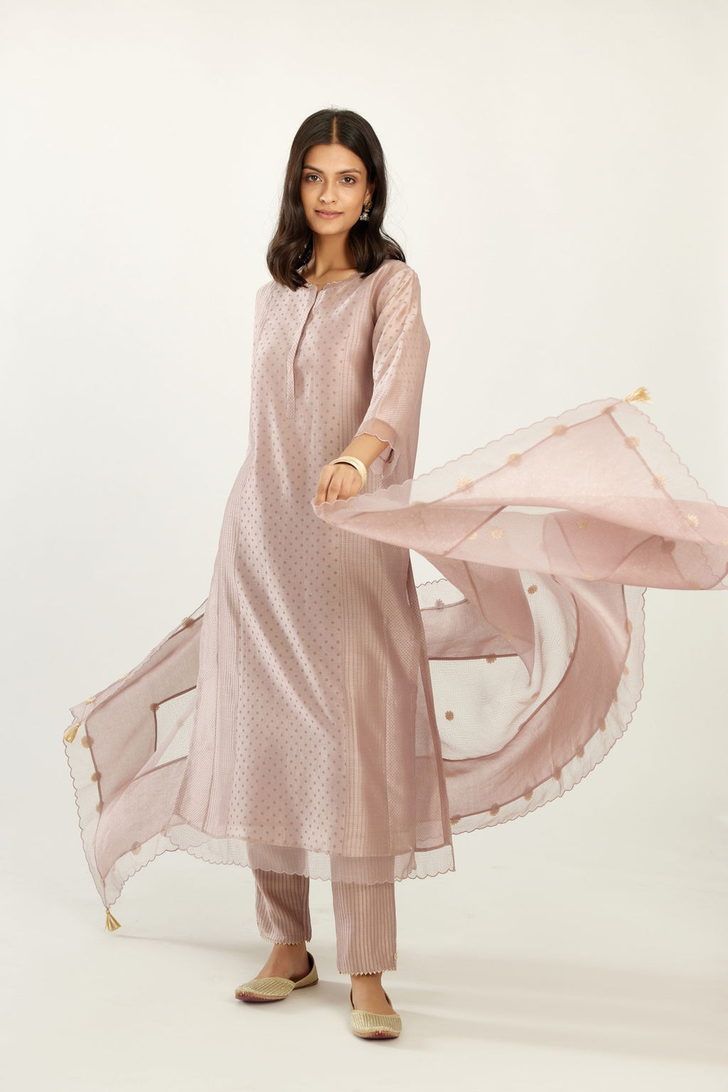 Lilac silk chanderi hand block printed straight kurta set with concealed button placket neckline, highlighted with scalloped organza at edges.