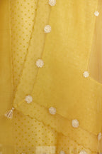 Yellow hand block printed silk chanderi kurta set with concealed button placket neckline, Highlighted with gota flower and scalloped organza at edges