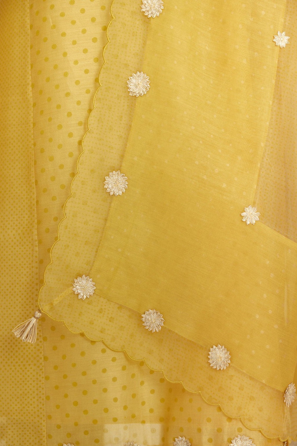 Yellow hand block printed silk chanderi kurta set with concealed button placket neckline, Highlighted with gota flower and scalloped organza at edges