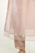 Lilac hand block printed silk chanderi kurta set with concealed button placket neckline, Highlighted with gota flower and scalloped organza at edges.