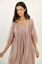 Lilac hand block printed V neck gathered kurta set, highlighted with gota flower embroidery and scalloped organza at edges.