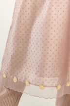Lilac hand block printed V neck gathered kurta set, highlighted with gota flower embroidery and scalloped organza at edges.