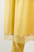 Yellow hand block printed V neck gathered kurta set, highlighted with gota flower embroidery and scalloped organza at edges.