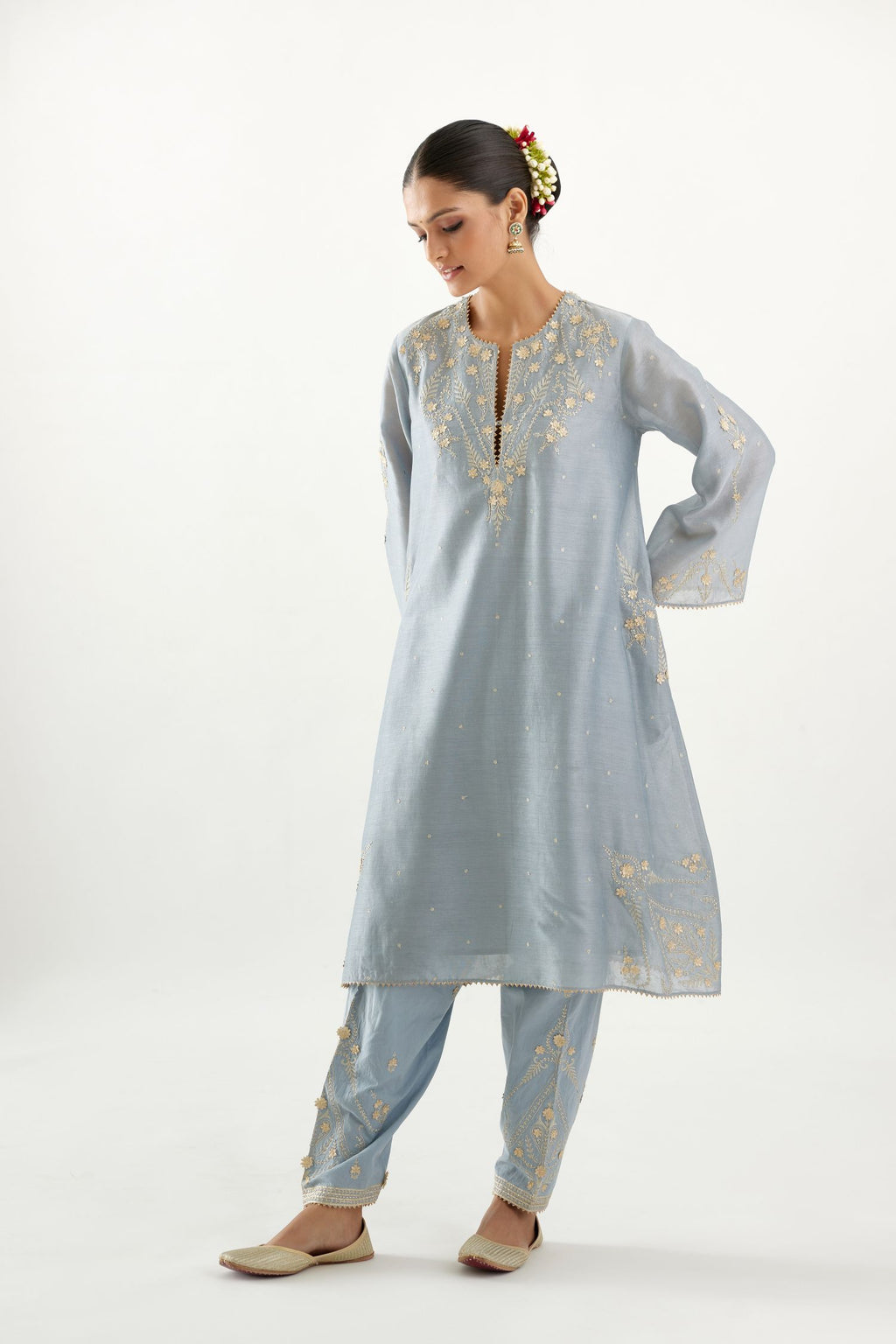 Blue silk chanderi A-line kurta set, highlighted with gold gota flowers and zari embroidery.
