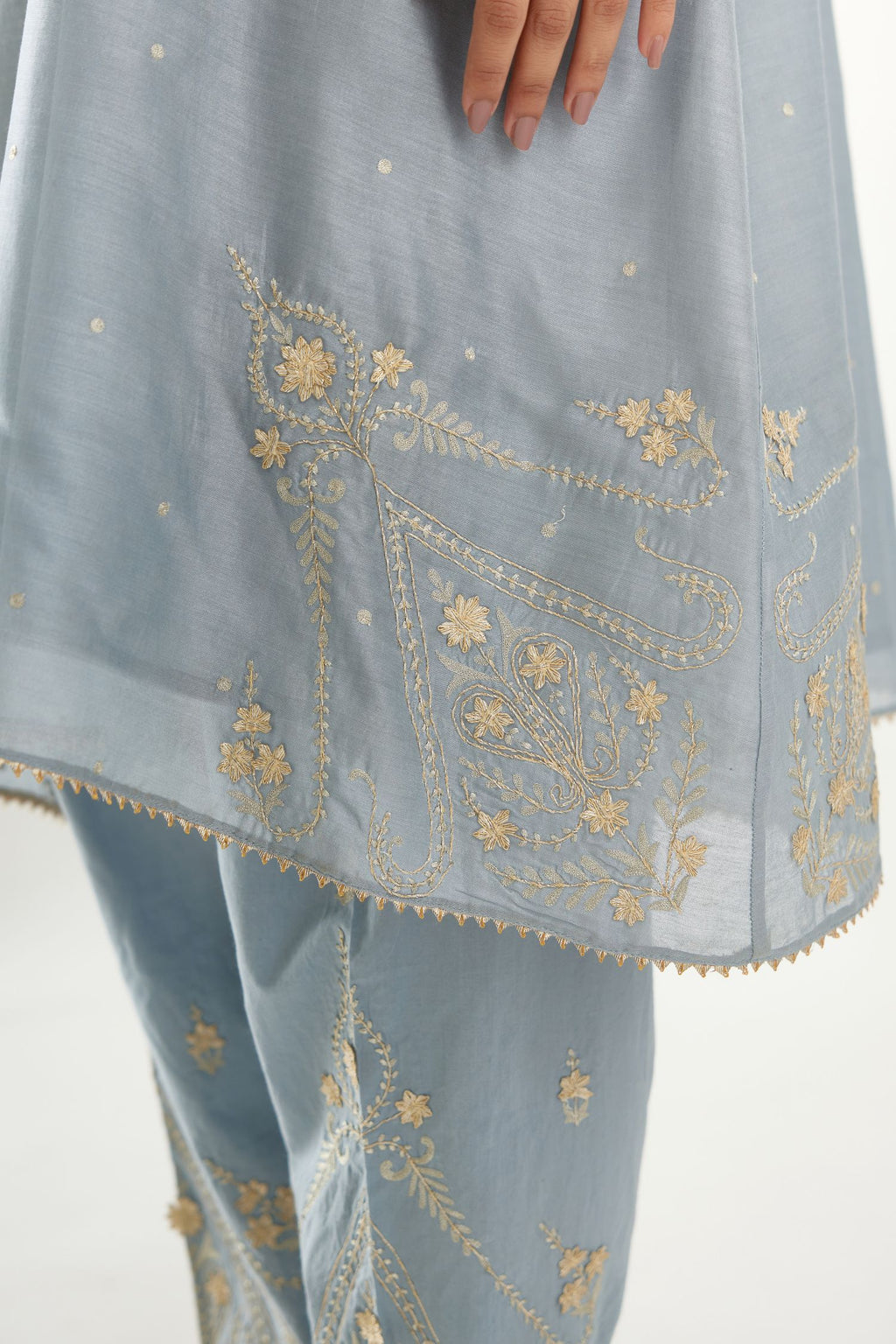 Blue silk chanderi A-line kurta set, highlighted with gold gota flowers and zari embroidery.