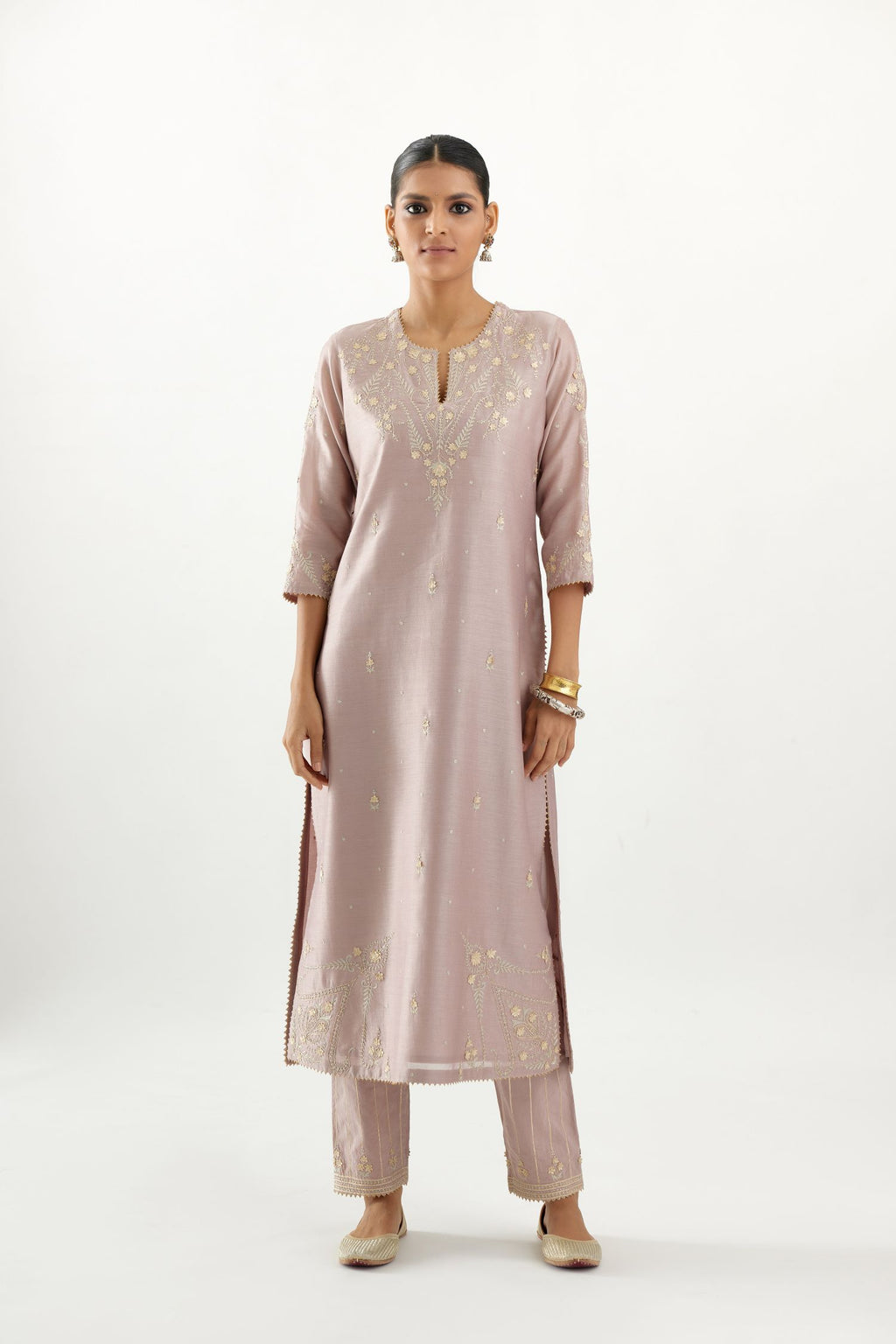 Silk chanderi straight kurta set with all-over gota and zari embroidery
