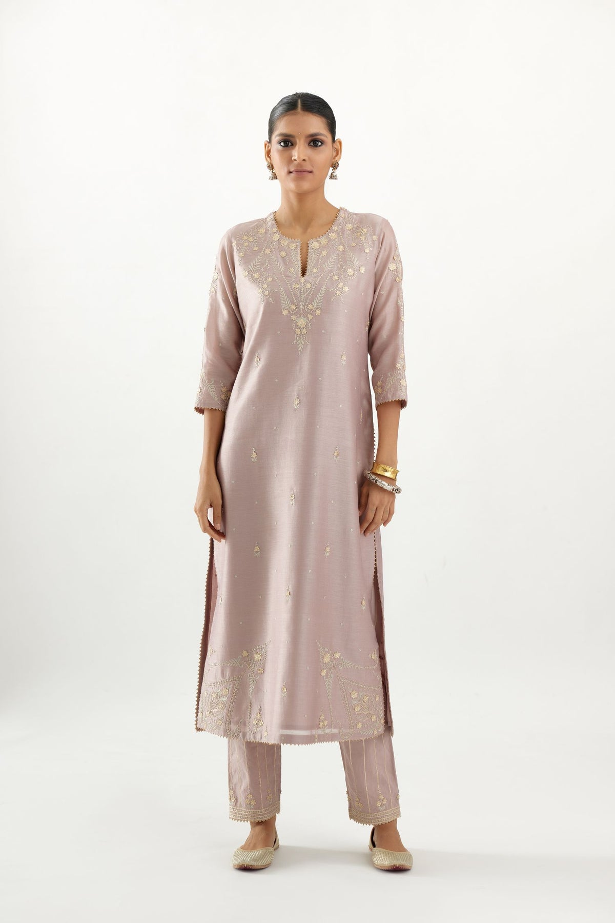 Silk chanderi straight kurta set with all-over gota and zari embroidery