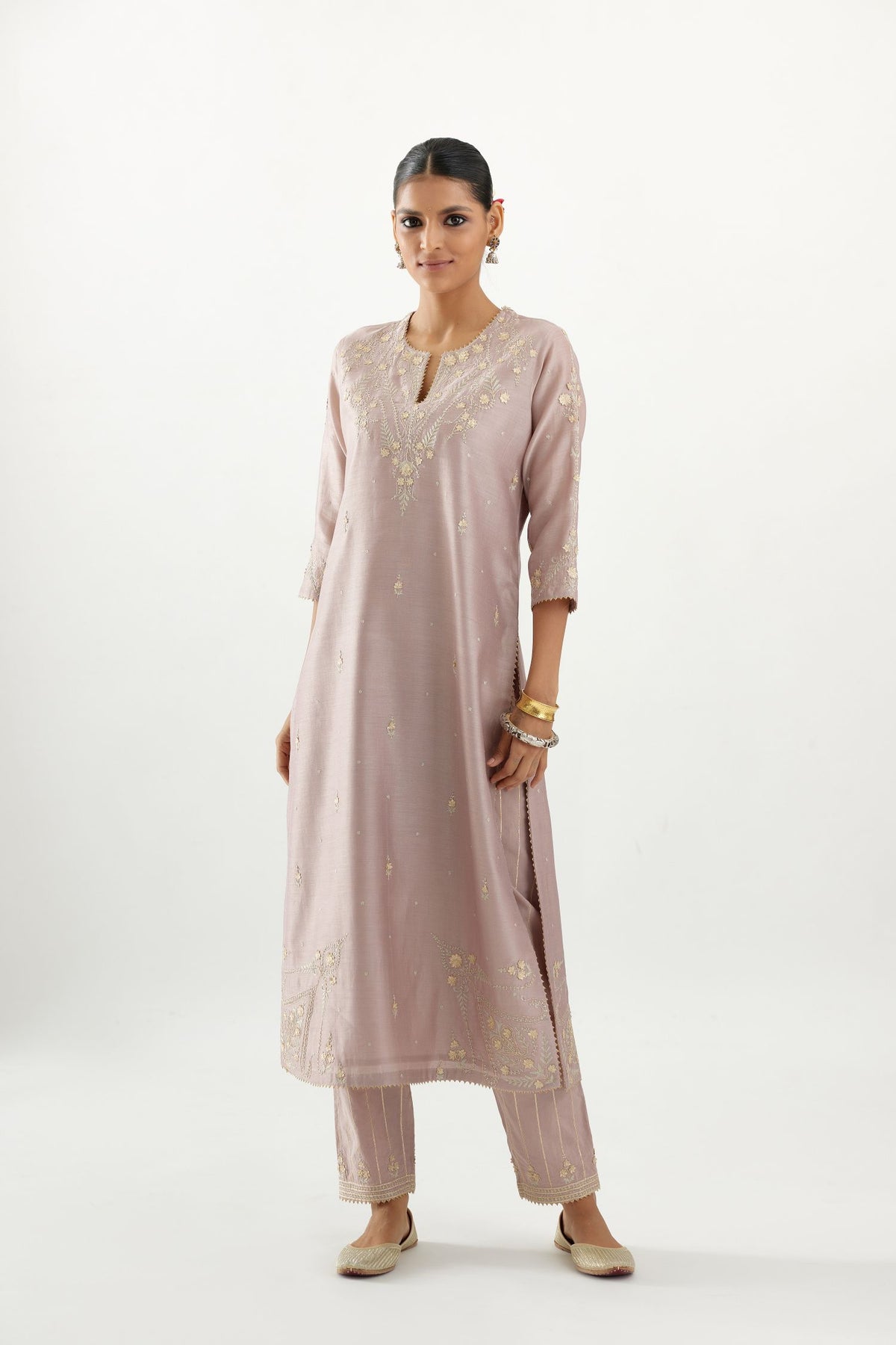 Silk chanderi straight kurta set with all-over gota and zari embroidery