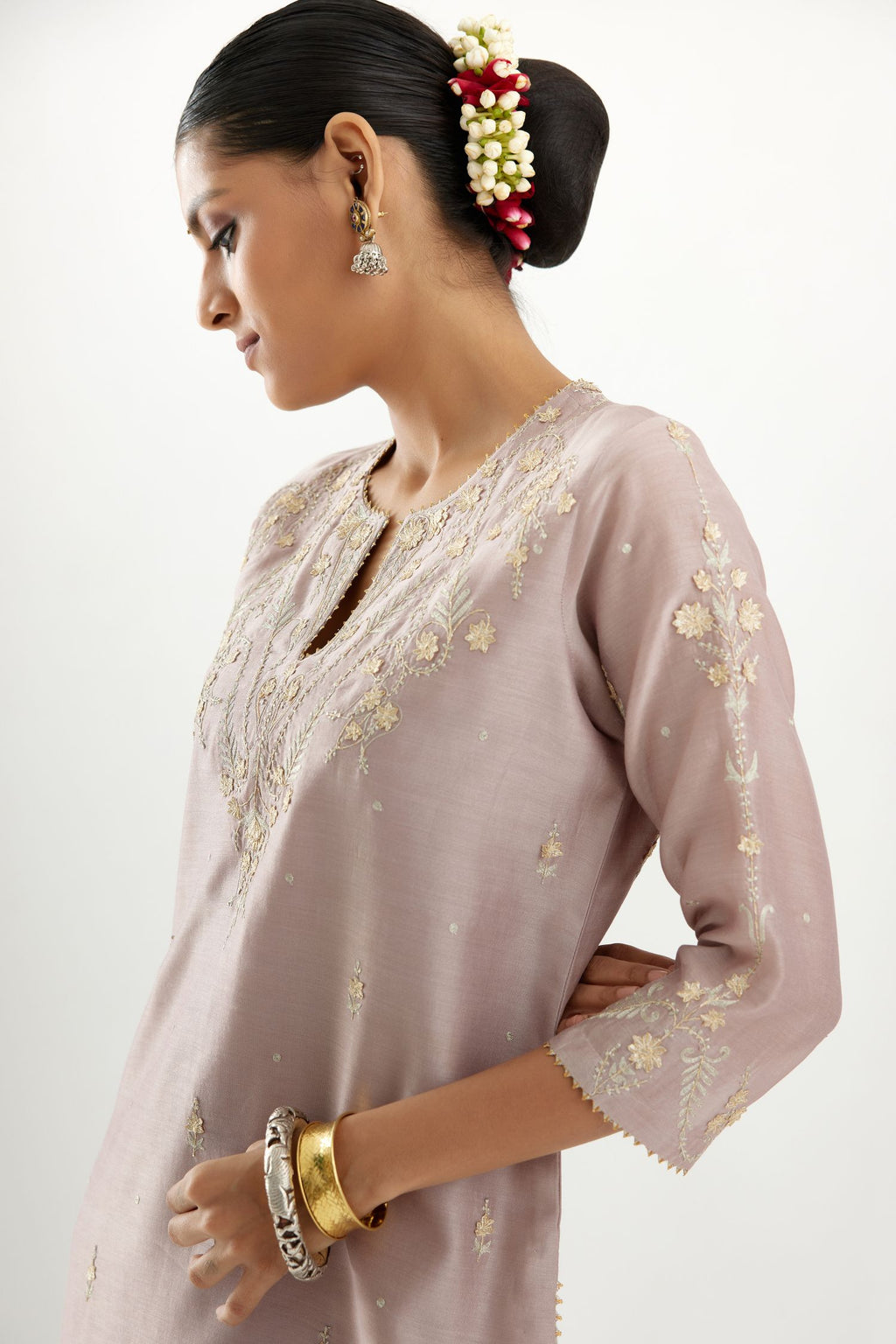 Silk chanderi straight kurta set with all-over gota and zari embroidery