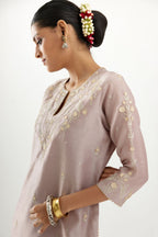 Silk chanderi straight kurta set with all-over gota and zari embroidery