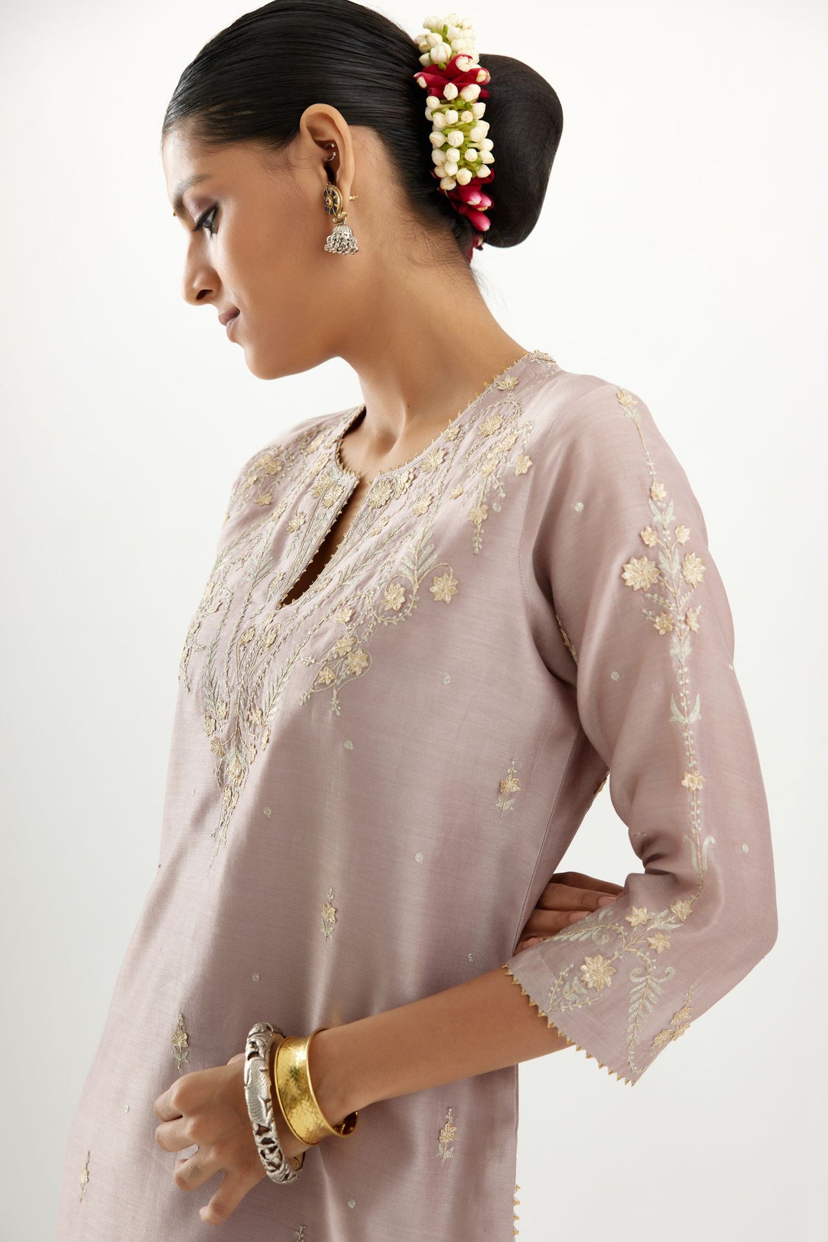 Silk chanderi straight kurta set with all-over gota and zari embroidery