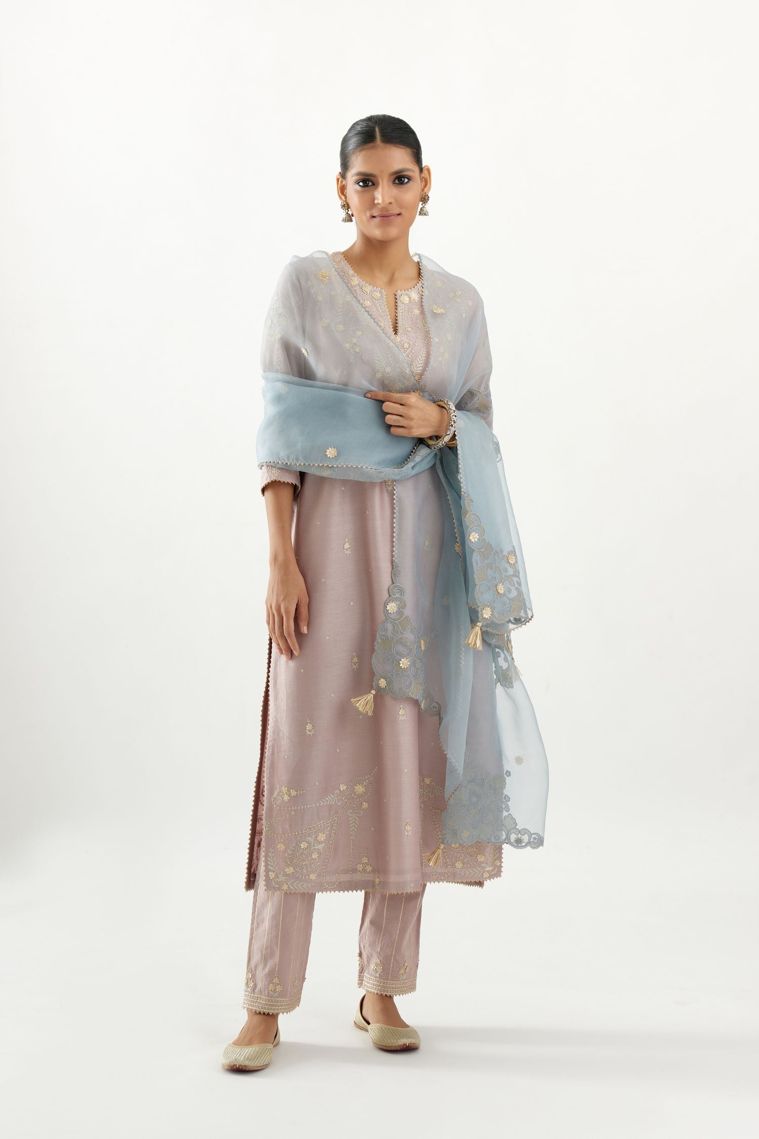 Silk chanderi straight kurta set with all-over gota and zari embroidery