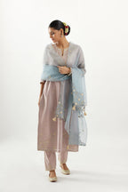 Blue organza dupatta with silk chanderi appliqué embroidery and gota flower detail.
