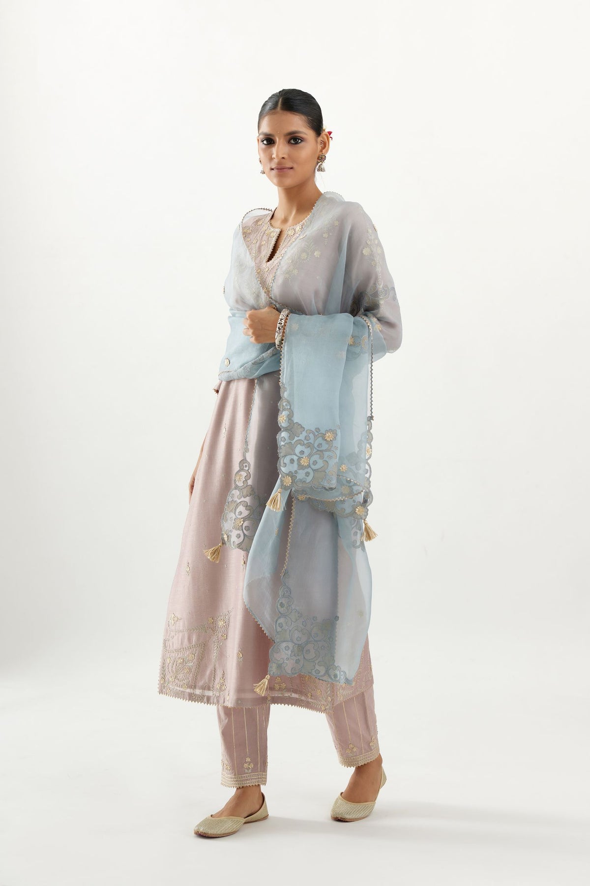 Blue organza dupatta with silk chanderi appliqué embroidery and gota flower detail.