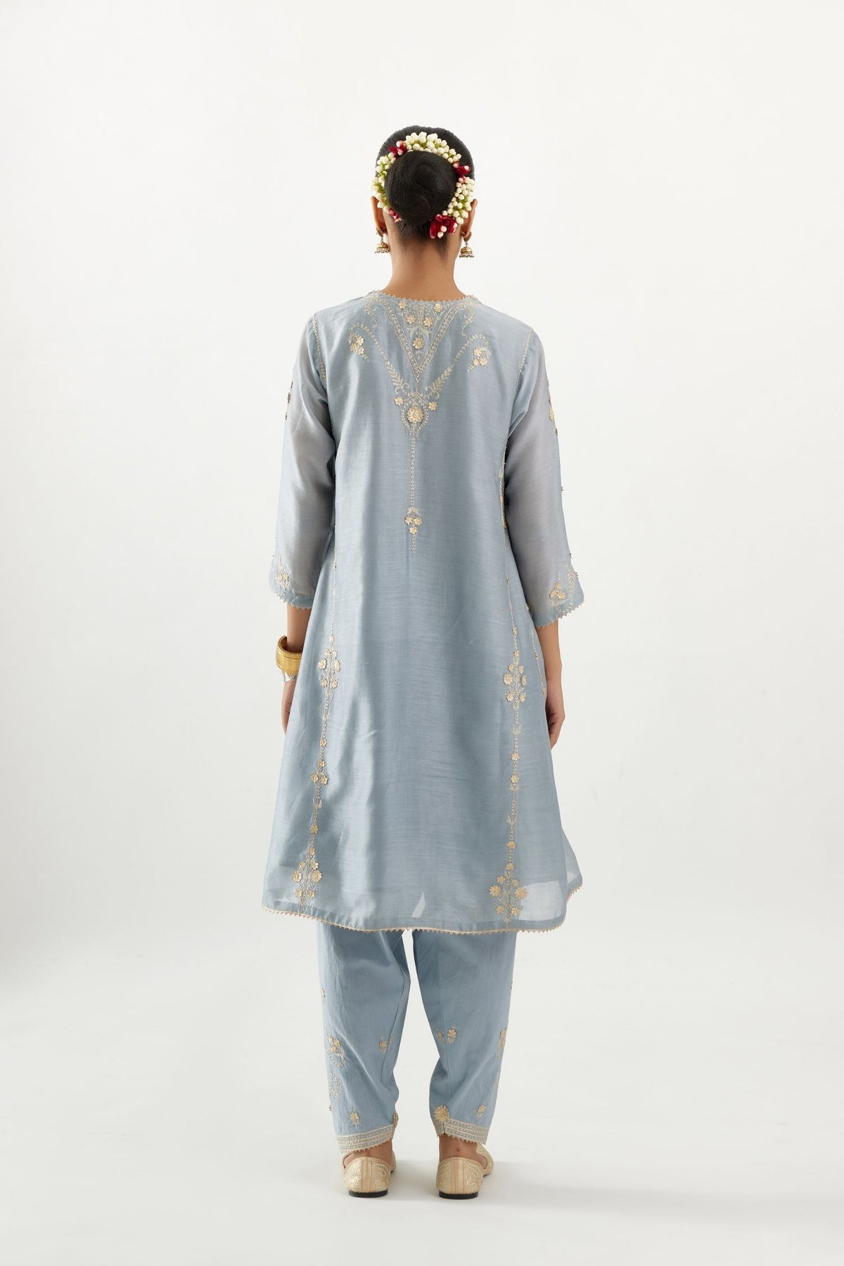 Blue gold gota and zari embroidered easy fit short kalidar kurta set