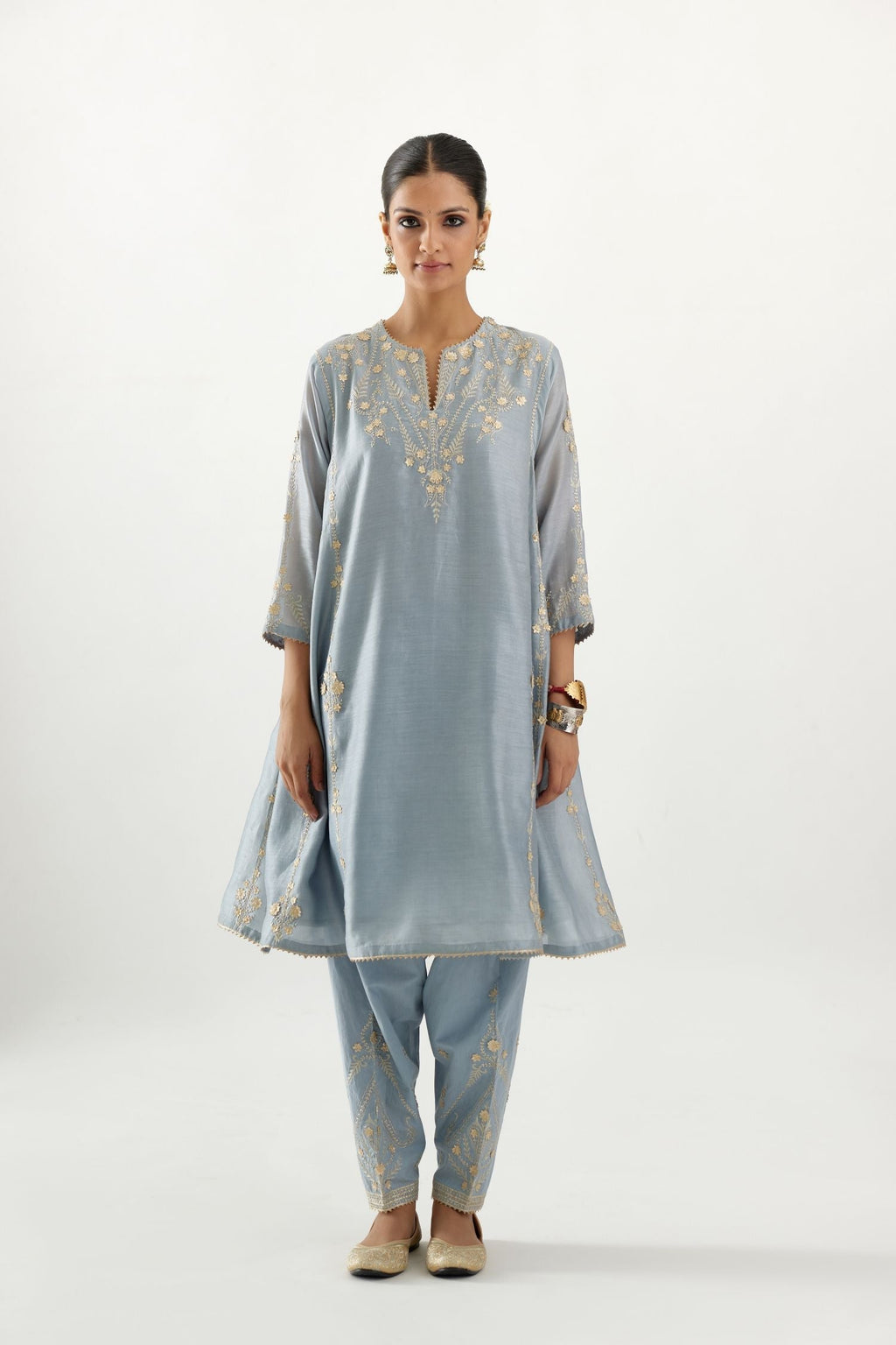 Blue gold gota and zari embroidered easy fit short kalidar kurta set