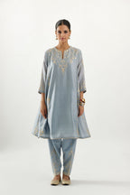 Blue gold gota and zari embroidered easy fit short kalidar kurta set
