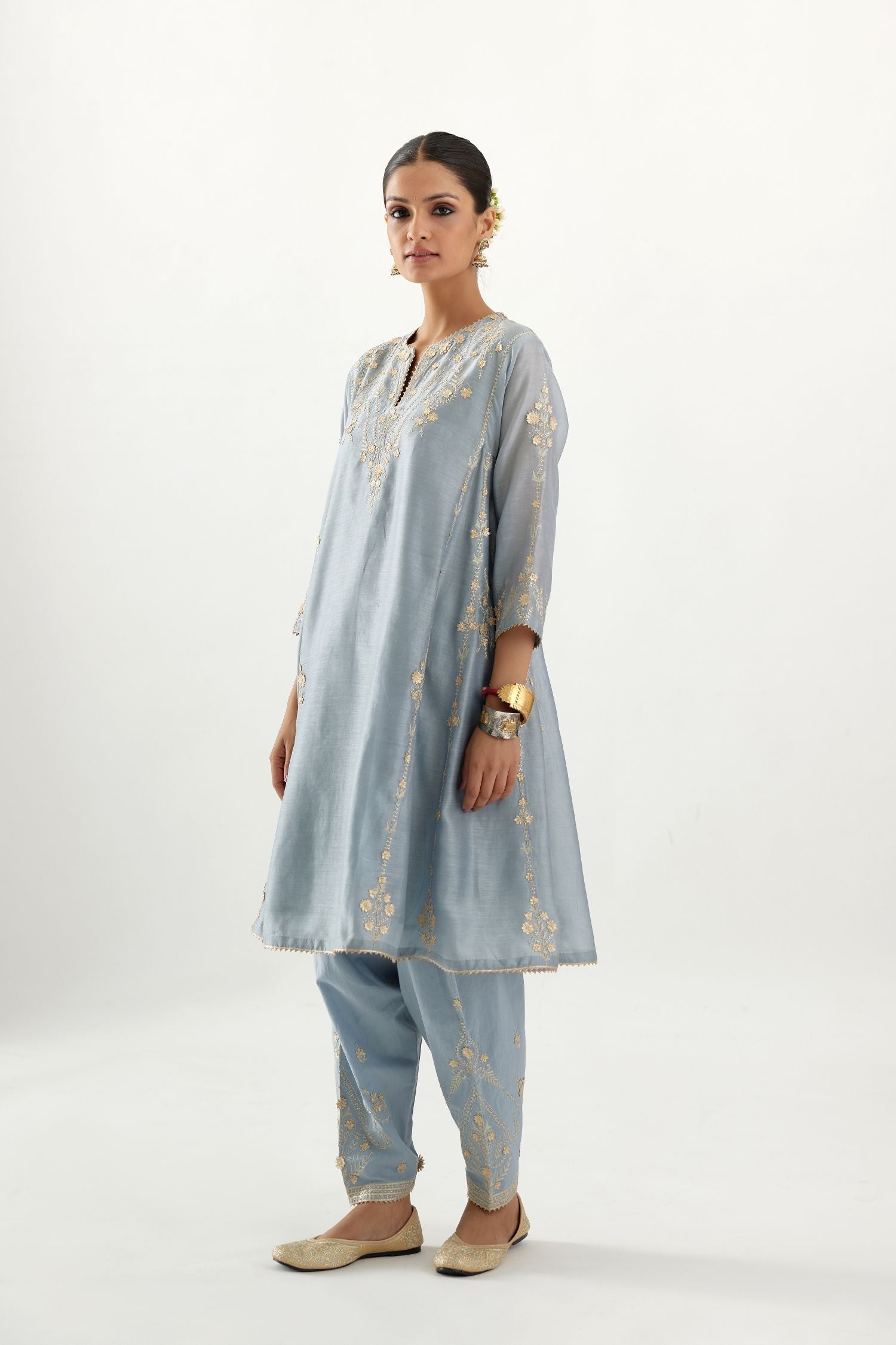 Blue gold gota and zari embroidered easy fit short kalidar kurta set