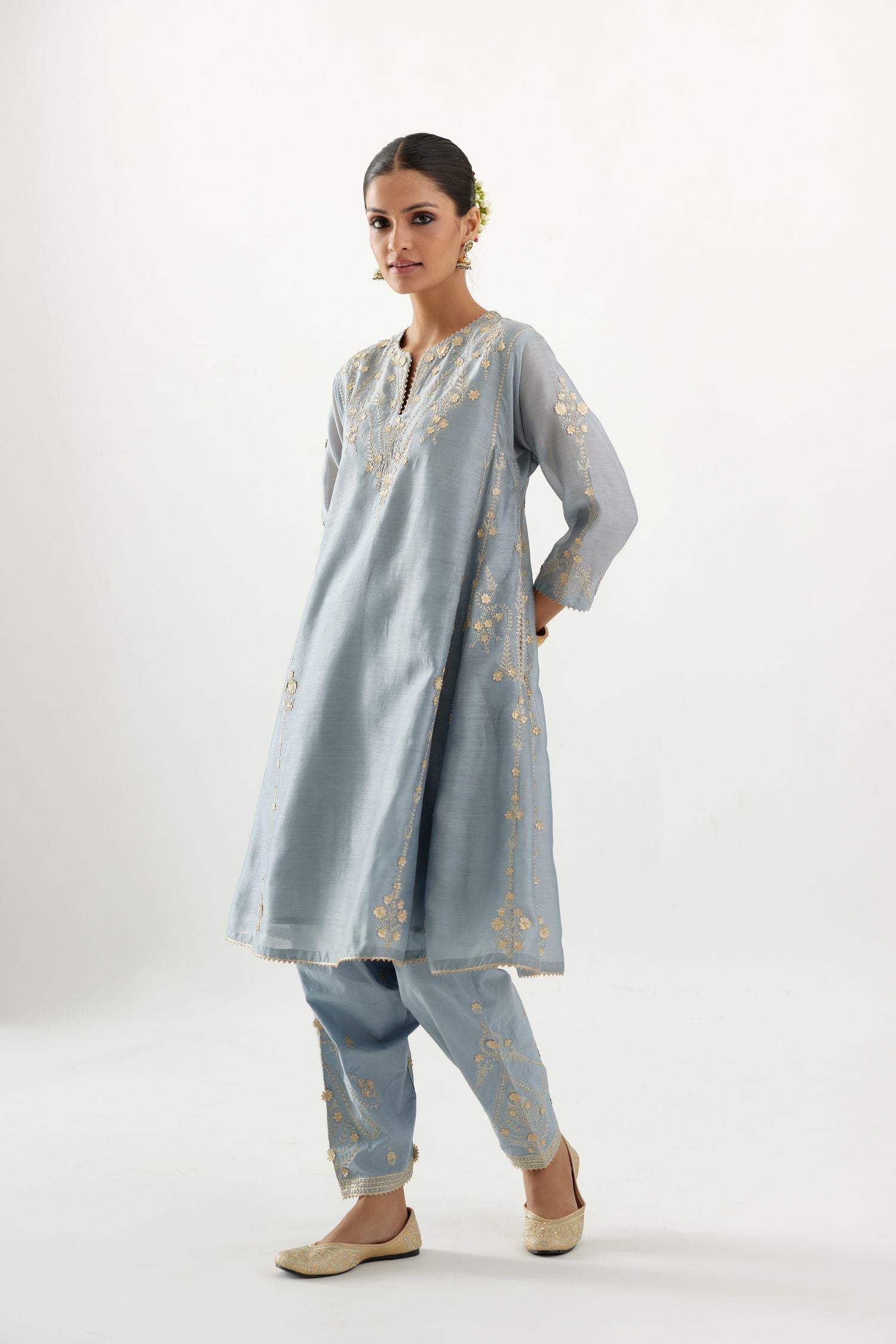 Blue gold gota and zari embroidered easy fit short kalidar kurta set