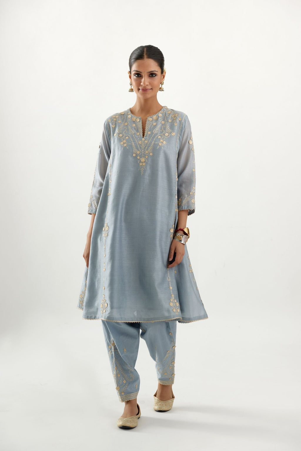 Blue gold gota and zari embroidered easy fit short kalidar kurta set