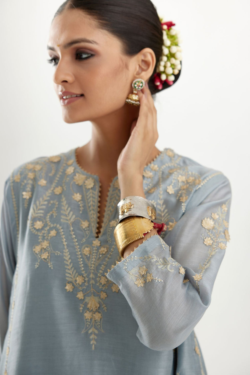 Blue gold gota and zari embroidered easy fit short kalidar kurta set