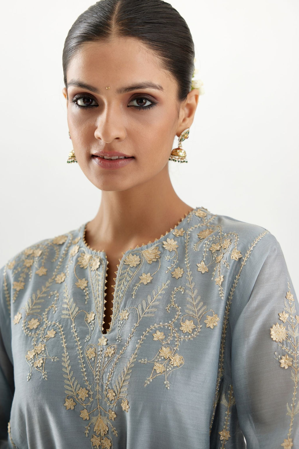 Blue gold gota and zari embroidered easy fit short kalidar kurta set