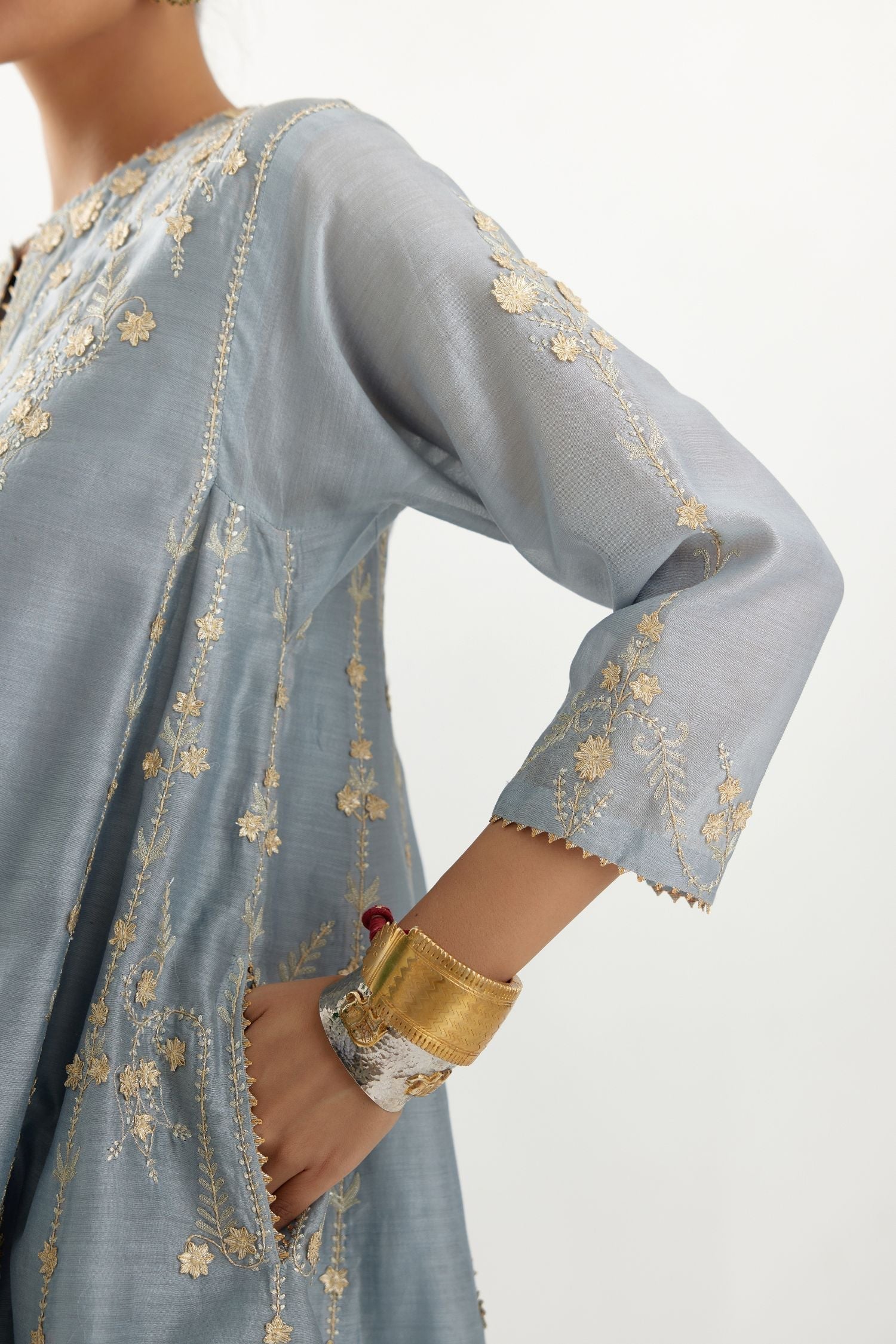 Blue gold gota and zari embroidered easy fit short kalidar kurta set