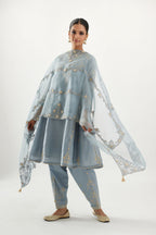 Blue gold gota and zari embroidered easy fit short kalidar kurta set