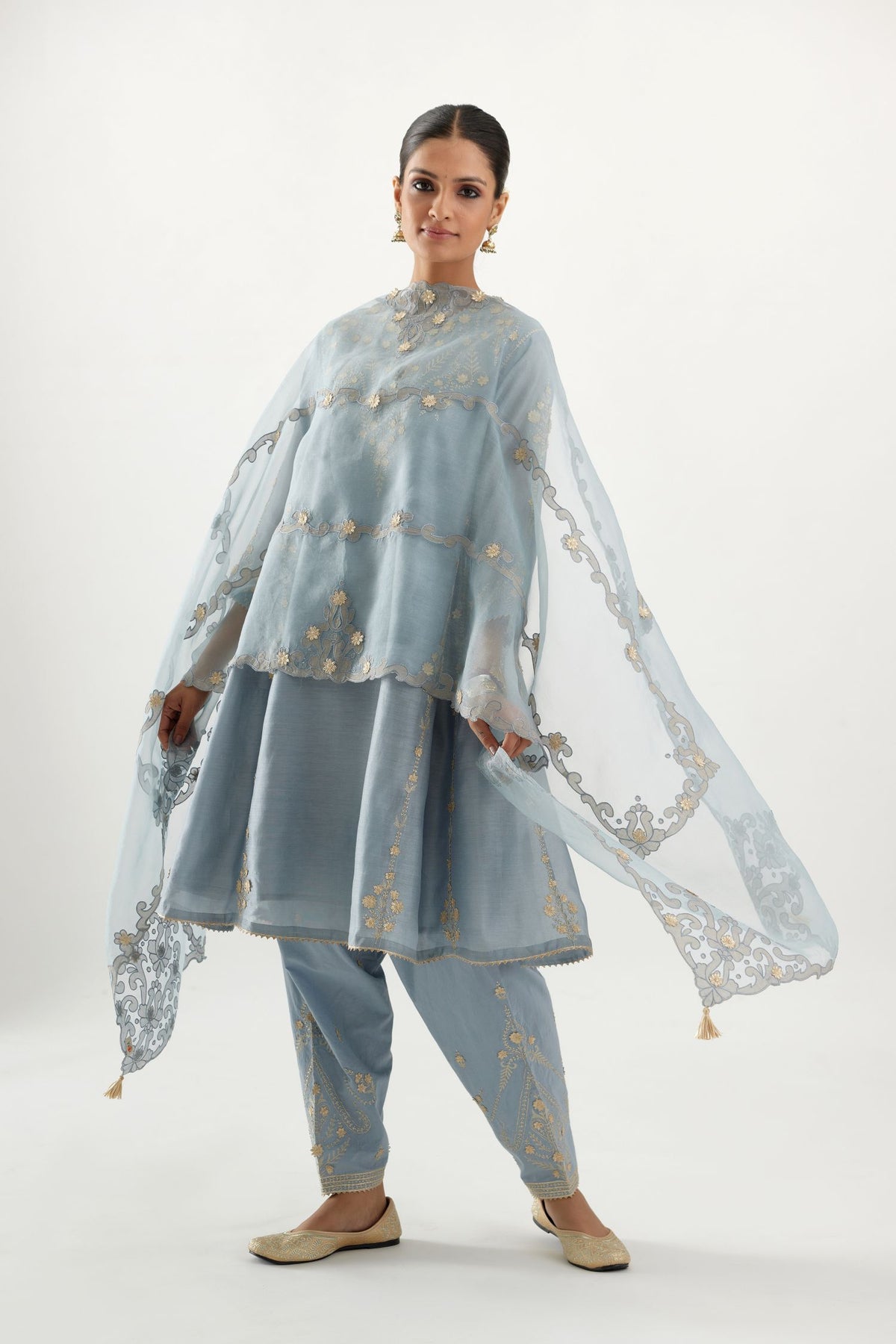 Blue gold gota and zari embroidered easy fit short kalidar kurta set