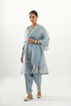 Blue organza dupatta with silk chanderi appliqué embroidery and gota flower detail.