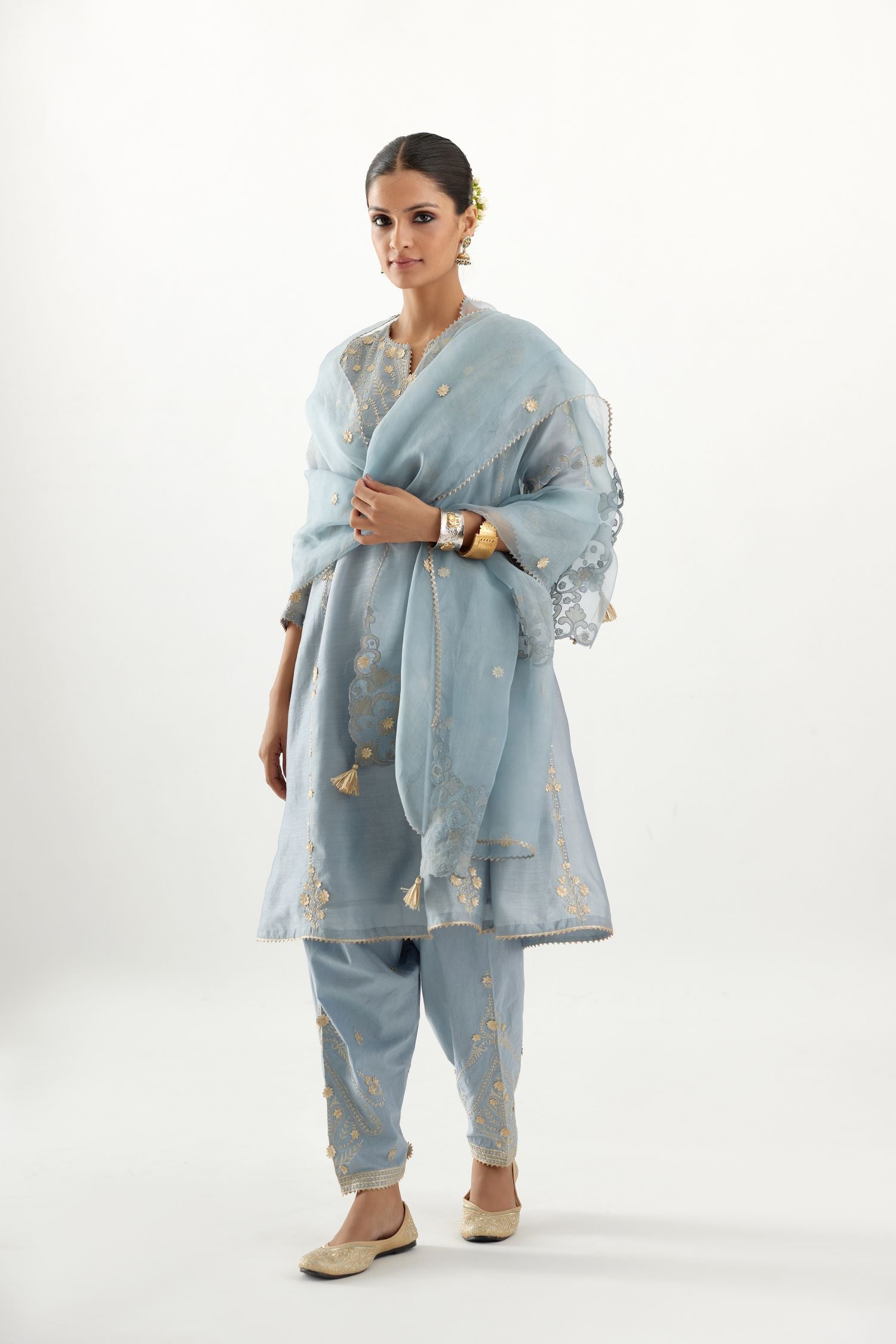 Blue gold gota and zari embroidered easy fit short kalidar kurta set