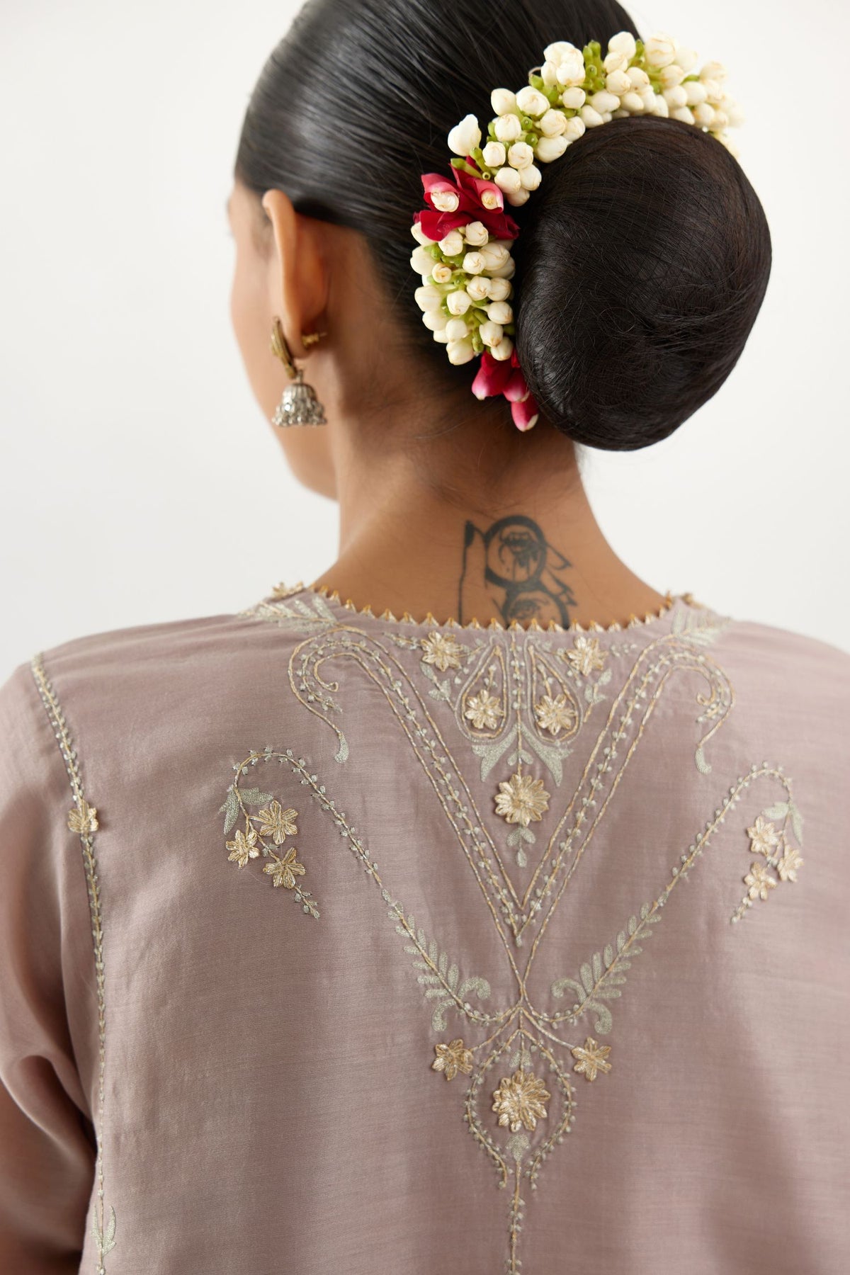 Lilac gold gota and zari embroidered easy fit short kalidar kurta set.