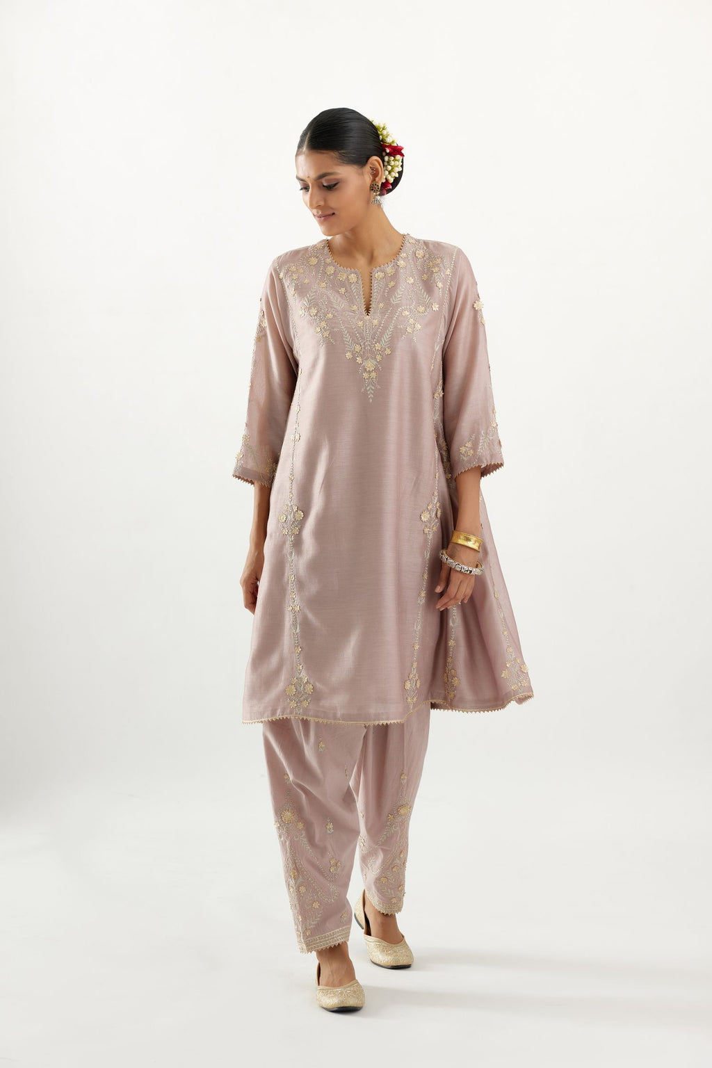 Lilac gold gota and zari embroidered easy fit short kalidar kurta set.