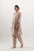 Lilac gold gota and zari embroidered easy fit short kalidar kurta set.