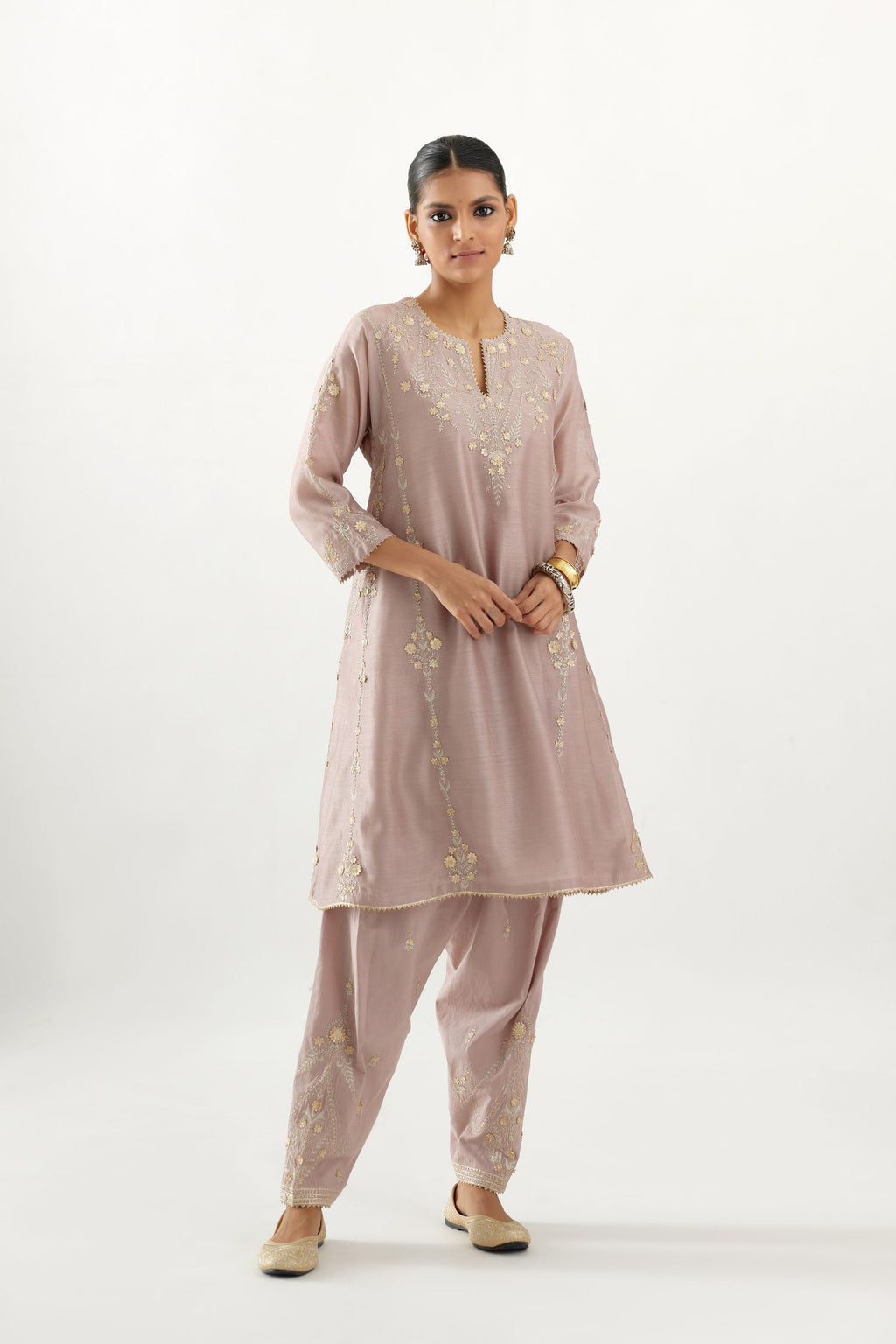 Lilac gold gota and zari embroidered easy fit short kalidar kurta set.