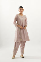 Lilac gold gota and zari embroidered easy fit short kalidar kurta set.