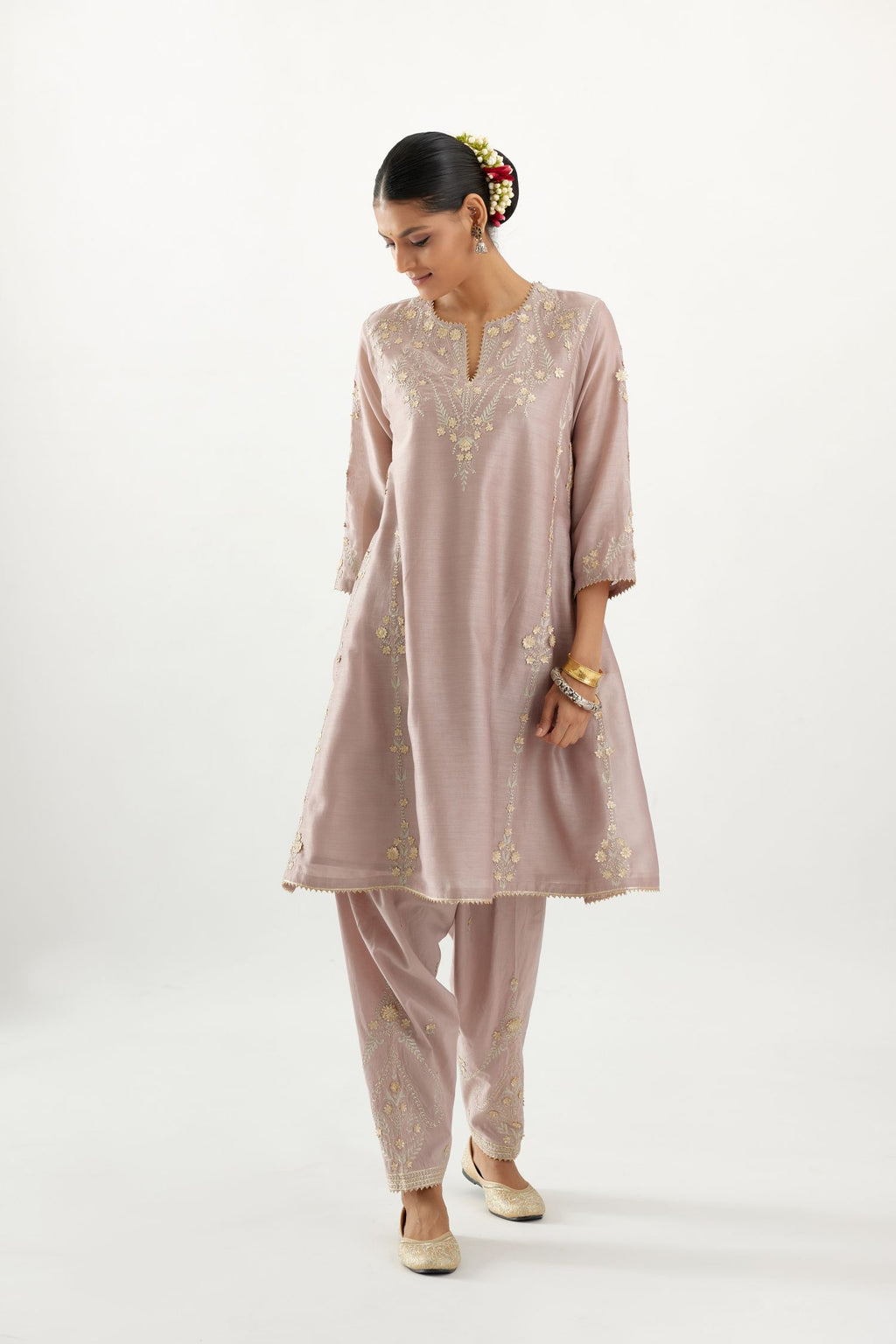 Lilac gold gota and zari embroidered easy fit short kalidar kurta set.