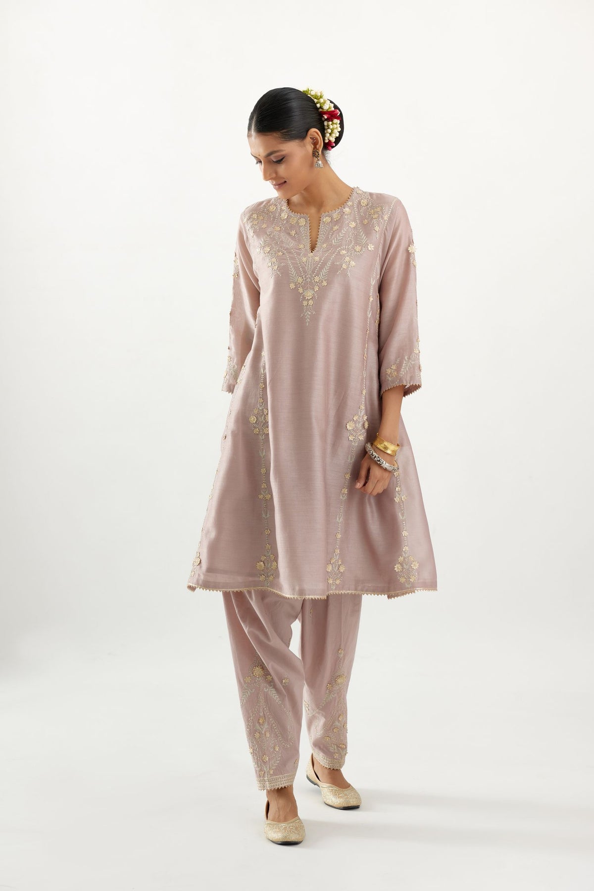Lilac gold gota and zari embroidered easy fit short kalidar kurta set.