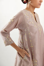 Lilac gold gota and zari embroidered easy fit short kalidar kurta set.