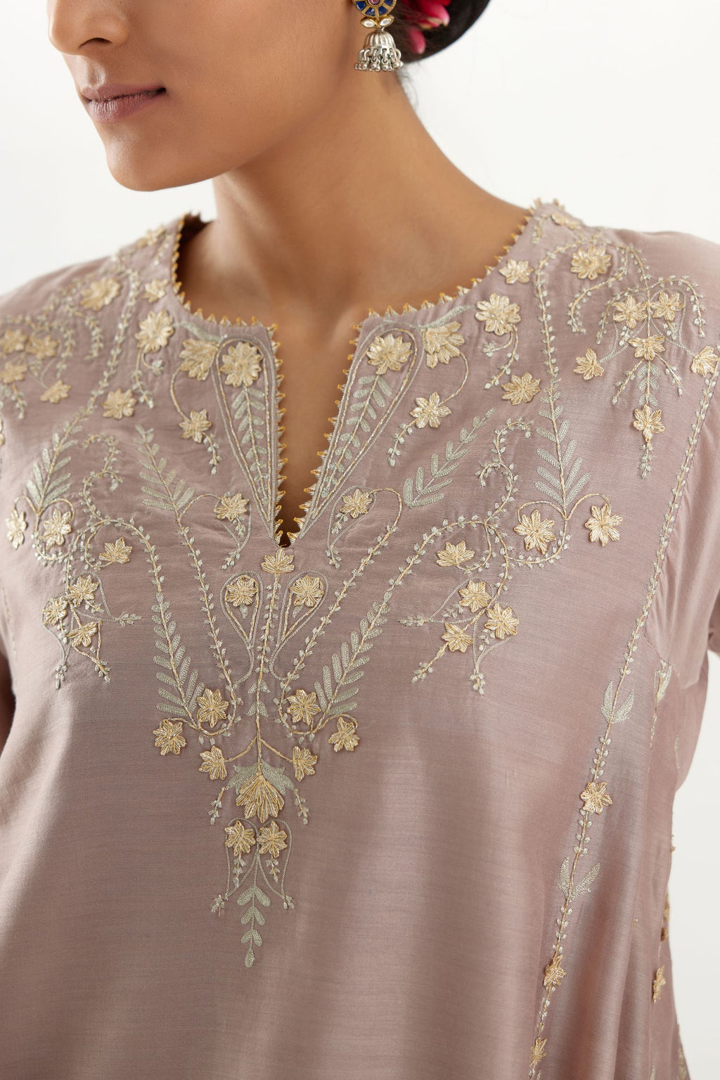Lilac gold gota and zari embroidered easy fit short kalidar kurta set.