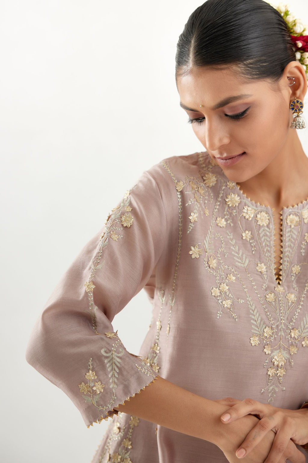 Lilac gold gota and zari embroidered easy fit short kalidar kurta set.