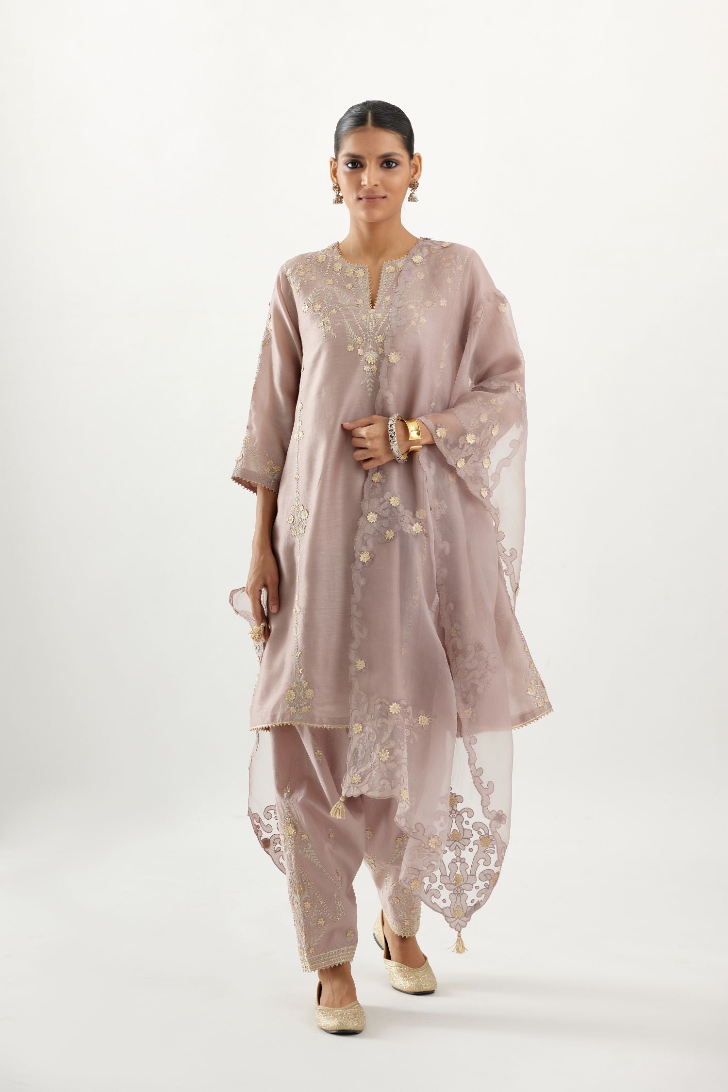 Lilac gold gota and zari embroidered easy fit short kalidar kurta set.
